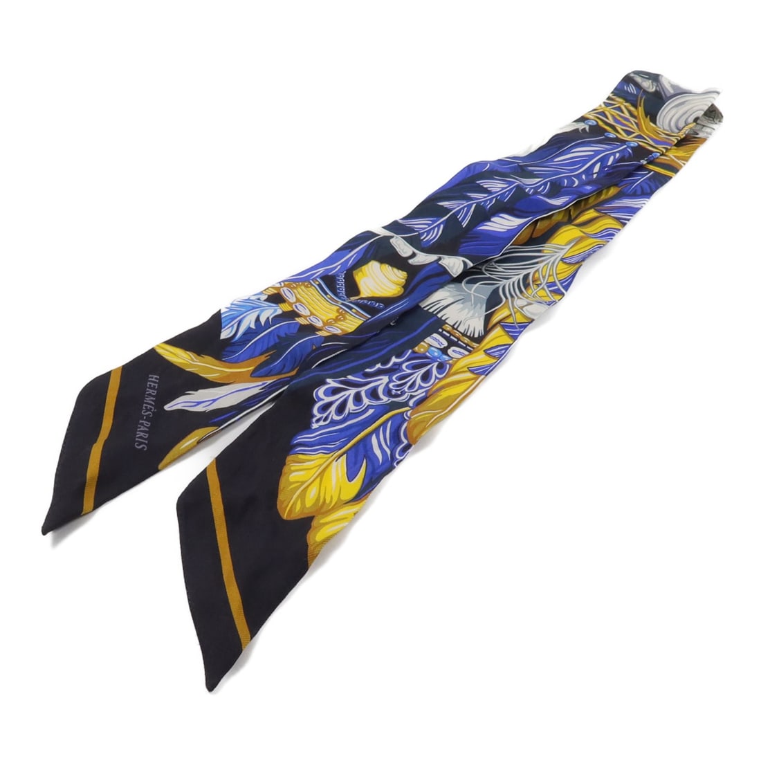 Hermes Twilly Silk Scarf Black Blue Yellow France: Hermes Twilly Silk Scarf Black Blue Yellow France Hermes Twilly scarf in silk, presented in black with yellow and blue accents. It is a women's regular-size scarf made in France and comes with a stora