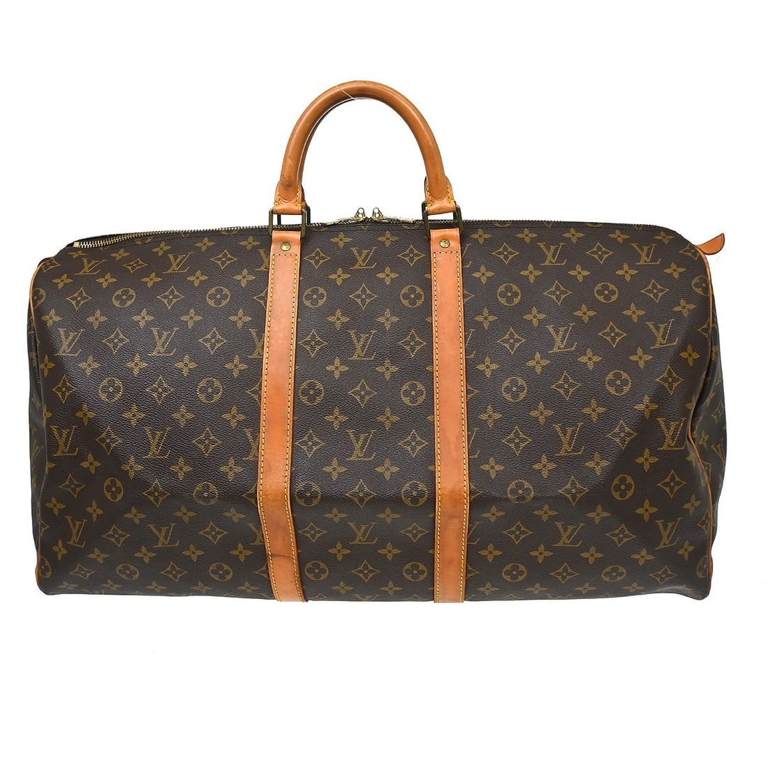 Louis Vuitton Keepall unisex brown canvas travel bag: Louis Vuitton Keepall unisex brown canvas travel bag Louis Vuitton Keepall Monogram travel bag in brown canvas. This unisex piece is made in France and shows fair pre-owned condition with visible wear