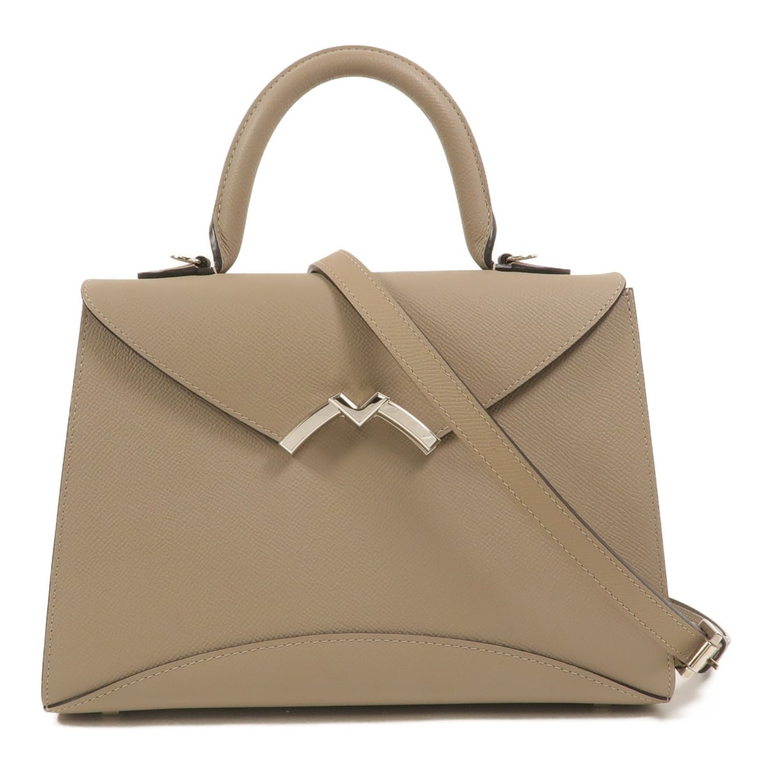 Moynat Gabrielle PM gray calfskin 2 way shoulder bag SHW: Moynat Gabrielle PM gray calfskin 2 way shoulder bag SHW Gabrielle PM 2-way shoulder bag in gray calfskin leather with a structured silhouette and turn-lock closure. Designed for women, this bag can b