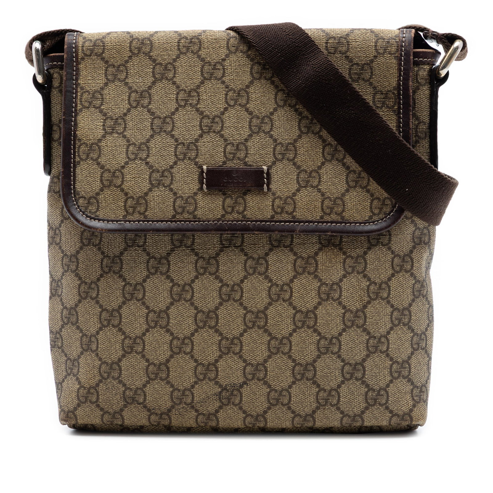 Gucci GG Supreme coated canvas crossbody bag beige: Gucci GG Supreme coated canvas crossbody bag beige Gucci GG Supreme Crossbody bag with a coated canvas body and leather trim. It features an adjustable flat canvas strap, a front flap with magnetic cl