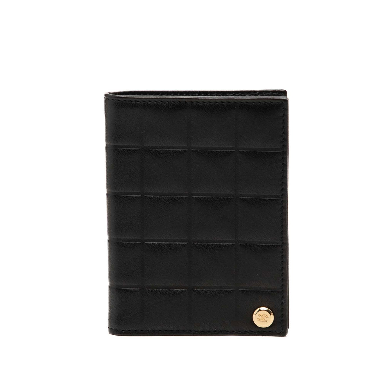 Chanel CC Chocolate Bar Leather Card Case Black: Chanel CC Chocolate Bar Leather Card Case Black Chanel CC Chocolate Bar card holder in black lambskin leather with interior clear slip card slots. Includes the box and card. Condition is B+ with noted