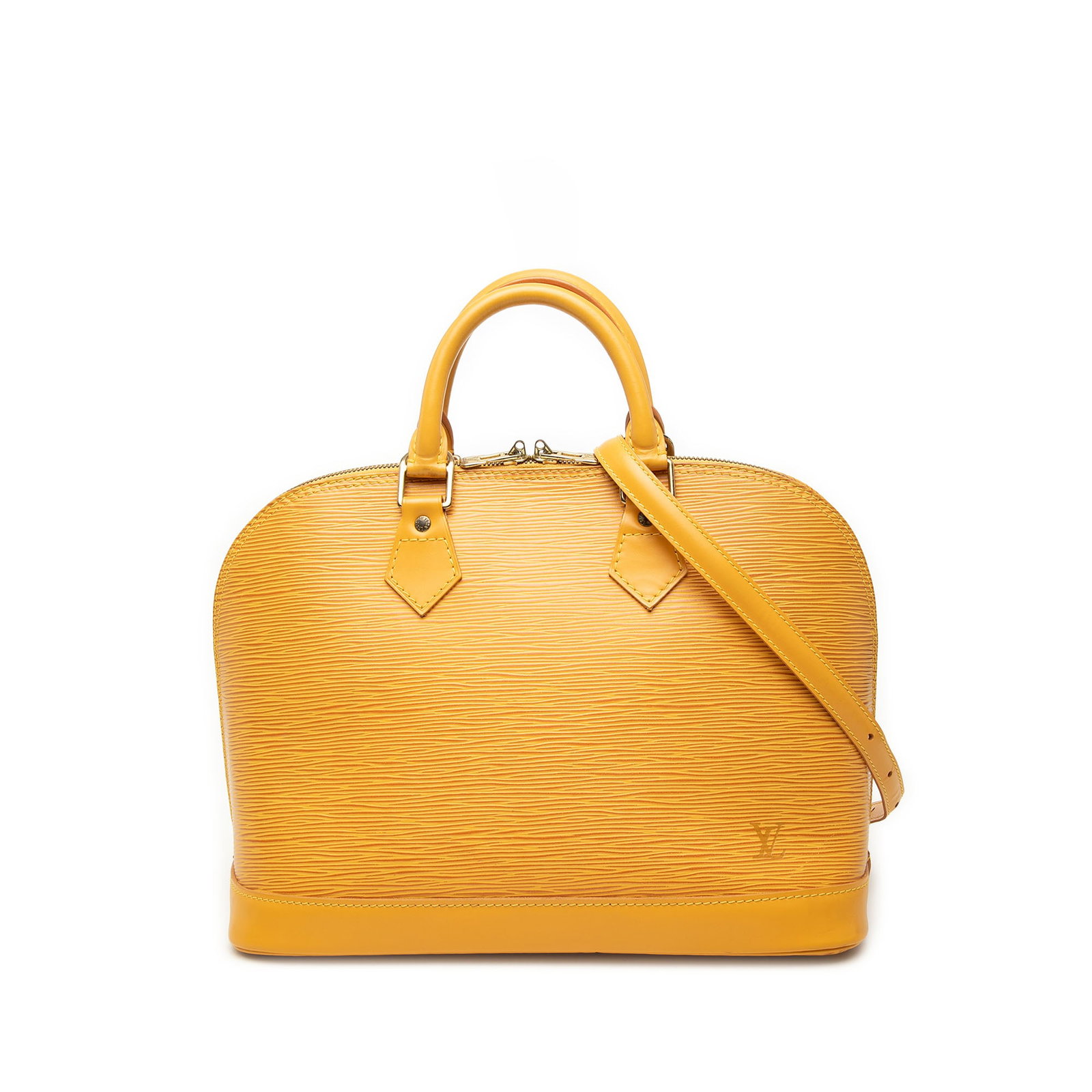 Louis Vuitton Alma PM Epi Leather Shoulder Bag Yellow: Louis Vuitton Alma PM Epi Leather Shoulder Bag Yellow Louis Vuitton Epi Alma PM handbag in yellow leather with rolled top handles, a detachable flat leather strap, zip-around closure, and an interior 