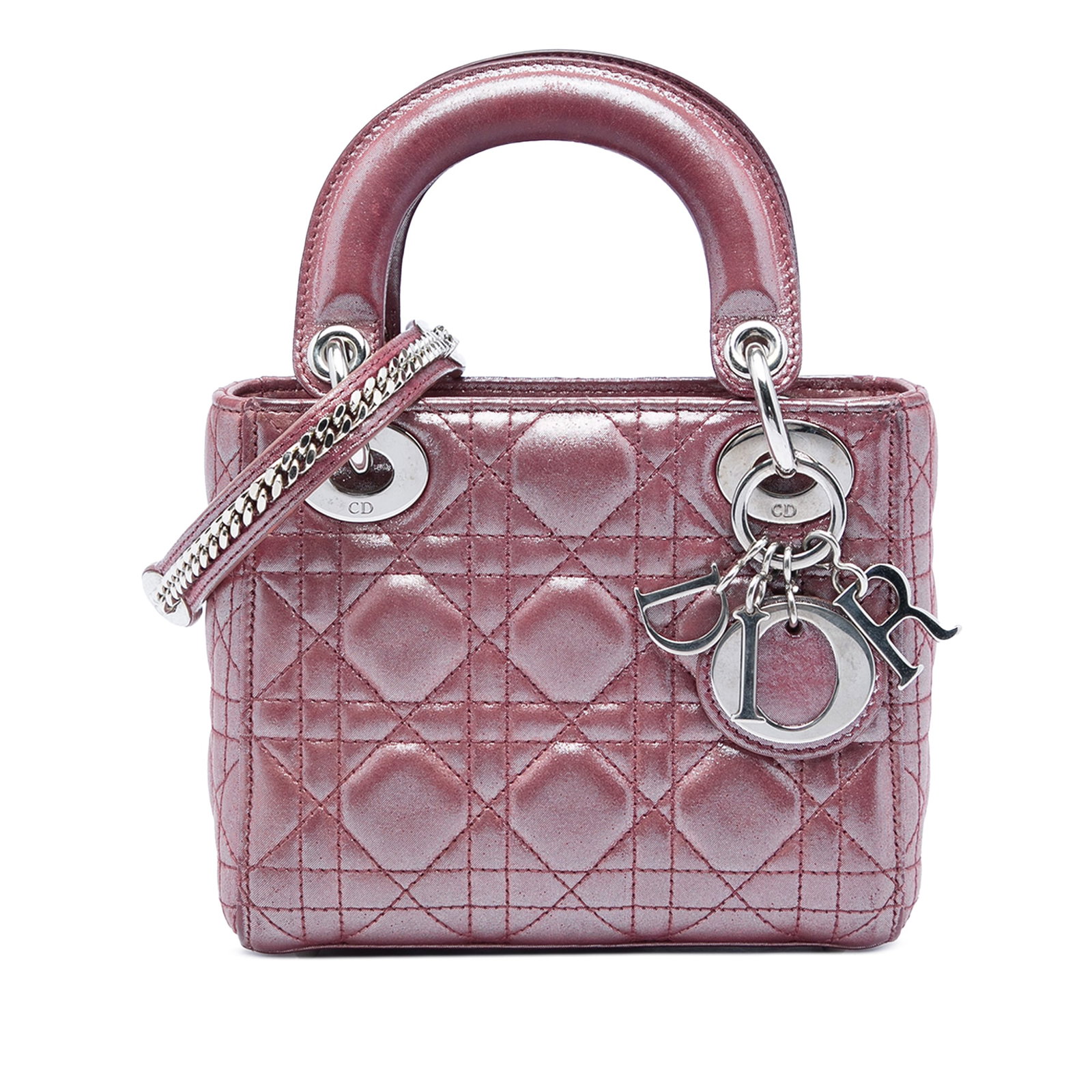 Dior Mini Lady Dior Cannage Iridescent Lambskin Bag Pink: Dior Mini Lady Dior Cannage Iridescent Lambskin Bag Pink Mini Lady Dior handbag in pink iridescent quilted lambskin leather with Cannage detailing. It features flat leather top handles, a detachable c