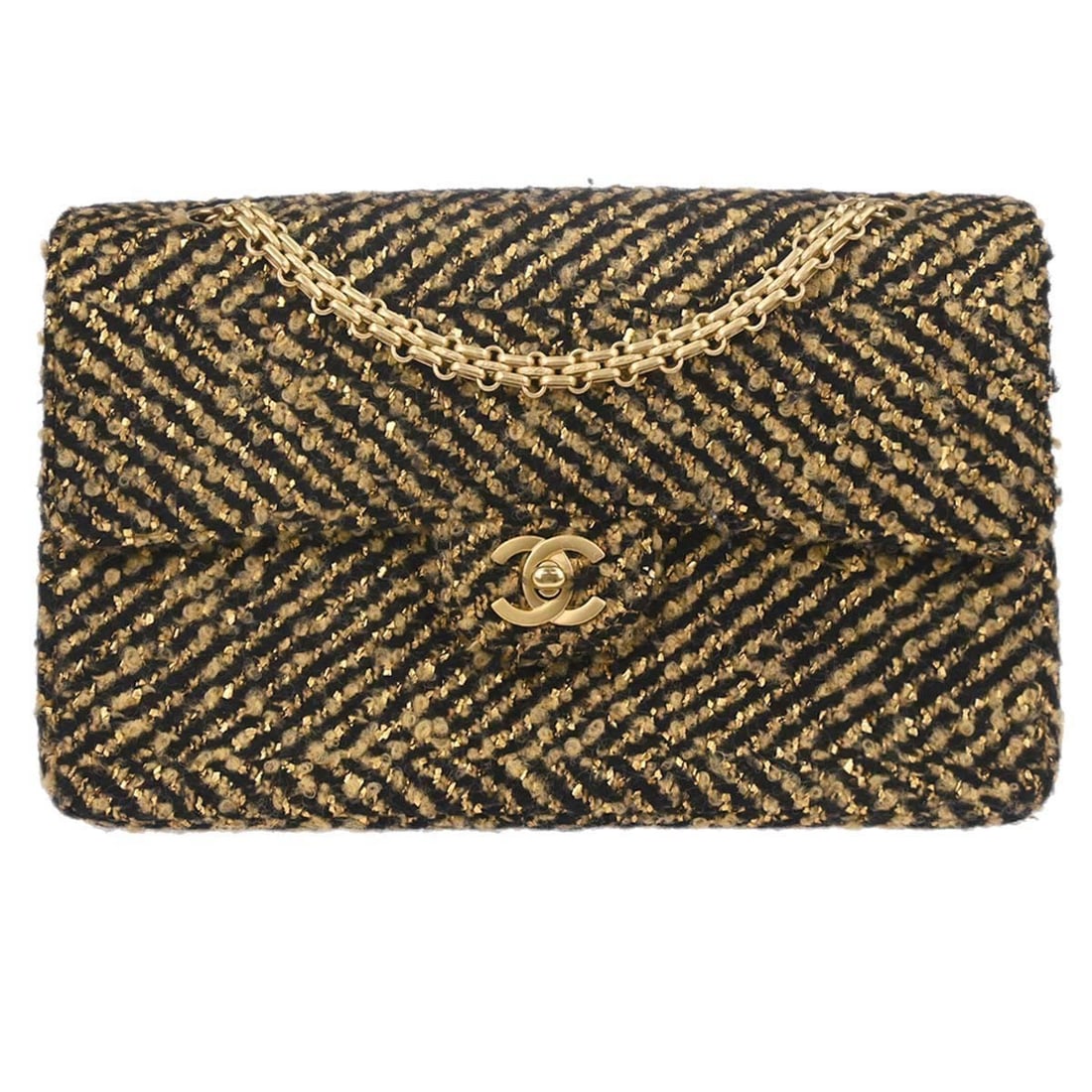 CHANEL Small Tweed Shoulder Bag Black with Gold Tone Flap: CHANEL Small Tweed Shoulder Bag Black with Gold Tone Flap Chanel single flap shoulder bag in black tweed with gold-tone accents and logo detailing. This small shoulder bag is made in France and featur