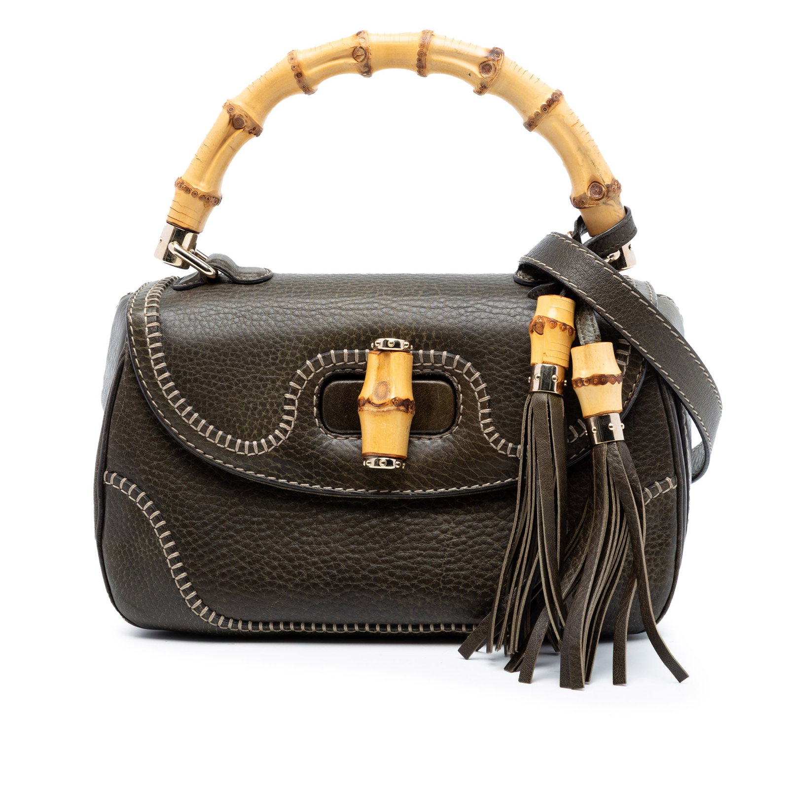 Gucci New Bamboo Green Leather Satchel with Bamboo Handle and Tassel (1 of 7)