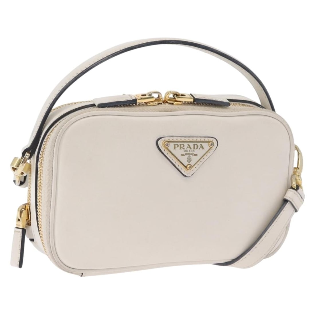 PRADA 2way leather handbag white gold with shoulder strap: PRADA 2way leather handbag white gold with shoulder strap Prada 2-way handbag in white and gold leather with top handles and a removable shoulder strap. Made in Italy, this women's bag shows reasonabl