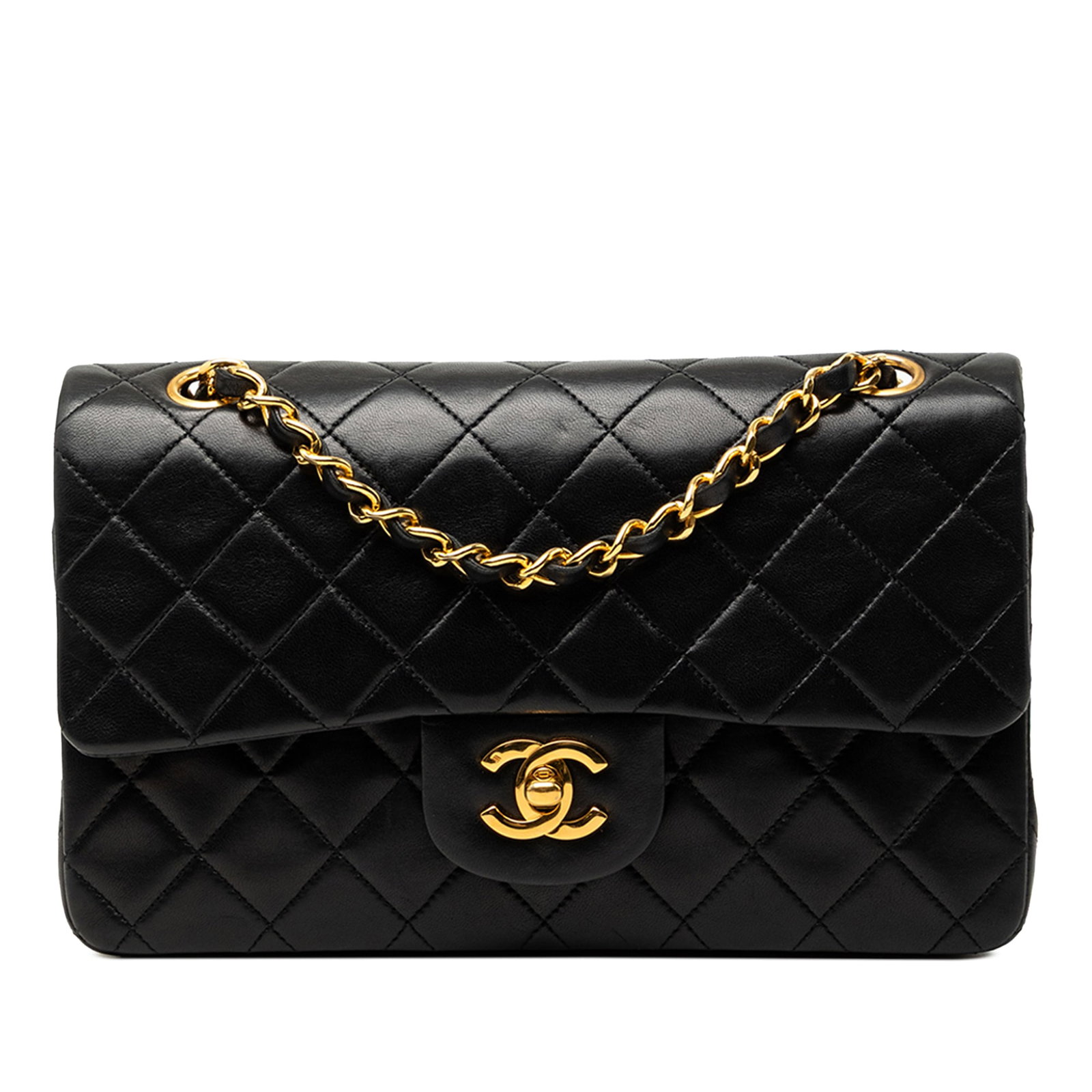 Chanel Small Classic Double Flap Shoulder Bag Black Lambskin: Chanel Small Classic Double Flap Shoulder Bag Black Lambskin Small Classic Lambskin Double Flap shoulder bag in black quilted leather with leather-woven chain shoulder straps, double front flaps, inte