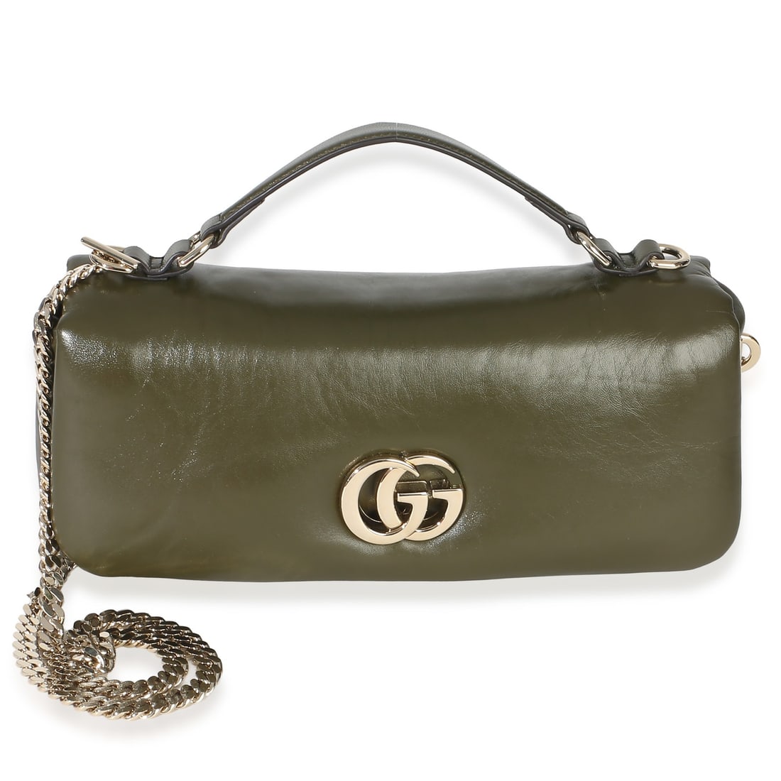 Gucci Milano Small Green Leather Top Handle Shoulder Bag: Gucci Milano Small Green Leather Top Handle Shoulder Bag A pre-owned Gucci Milano small top handle shoulder bag in green lambskin leather. It features a push-lock closure, champagne gold hardware, a l