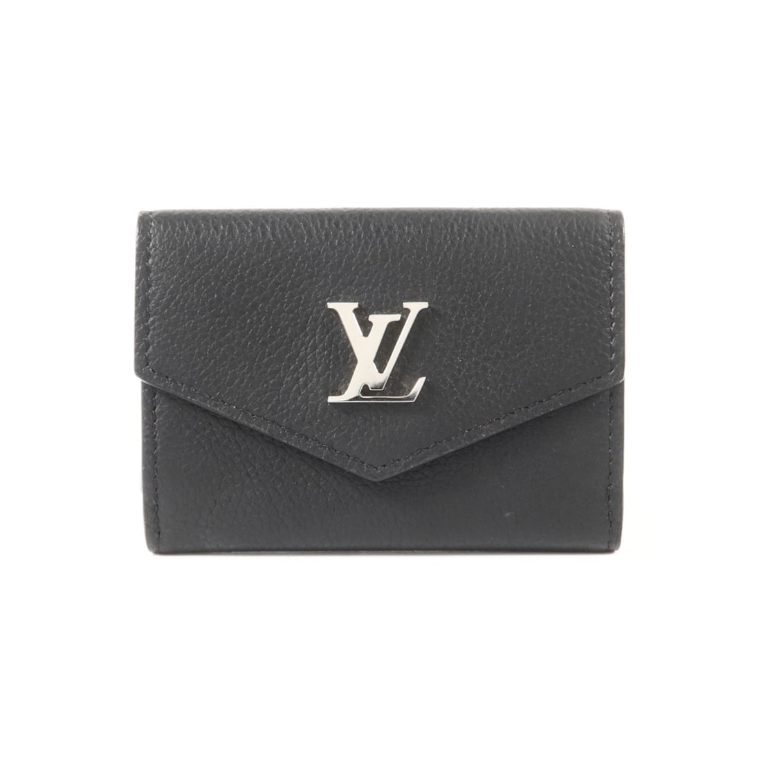 Louis Vuitton Lock Me Mini Tri Fold Wallet M63921 Black Calfskin: Louis Vuitton Lock Me Mini Tri Fold Wallet M63921 Black Calfskin Louis Vuitton Lock Me Mini tri-fold wallet in black calfskin leather with silver-tone hardware. This compact women's wallet features a 