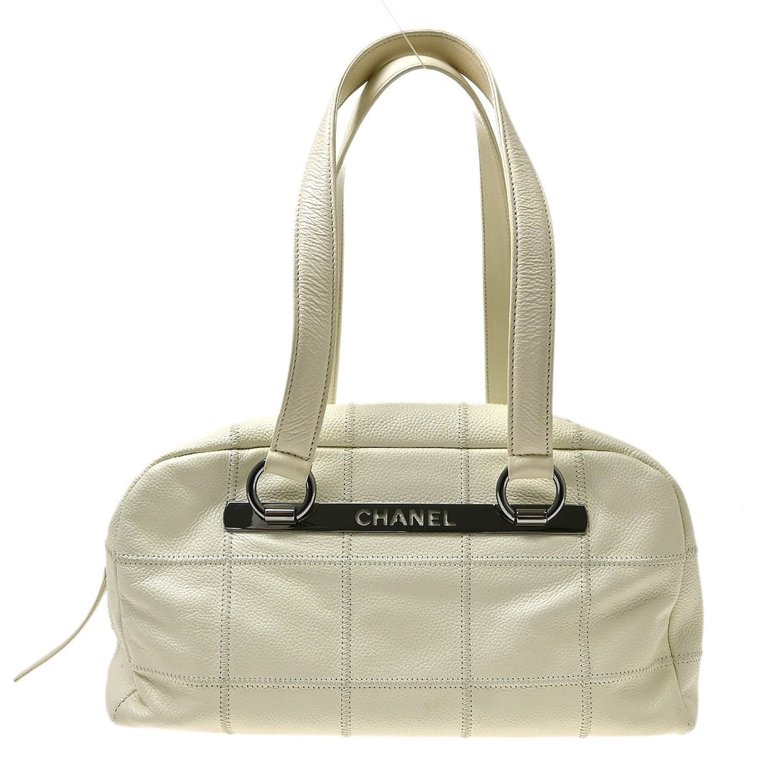 Chanel Square Stitch Bowler White Calfskin Handbag: Chanel Square Stitch Bowler White Calfskin Handbag Chanel Square Stitch Bowler bag crafted in white calfskin with a quilted design. This women's handbag is presented in good condition, showing light s
