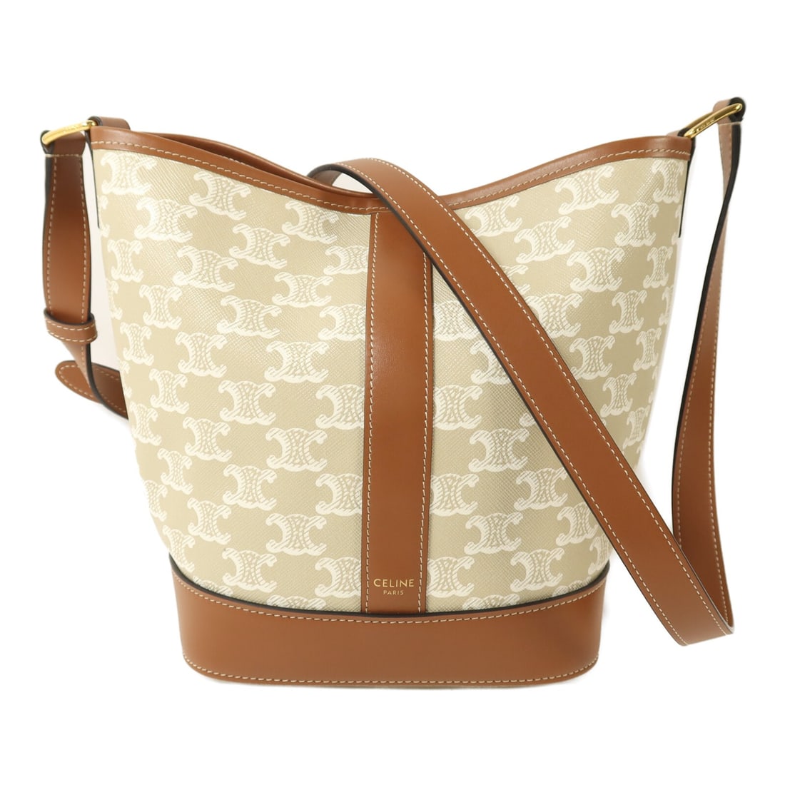 CELINE Triomphe Beige Coated Canvas Bucket Shoulder Bag GHW: CELINE Triomphe Beige Coated Canvas Bucket Shoulder Bag GHW Celine Triomphe bucket shoulder bag in beige PVC coated canvas. This women's shoulder bag features a hook button closure and includes storag