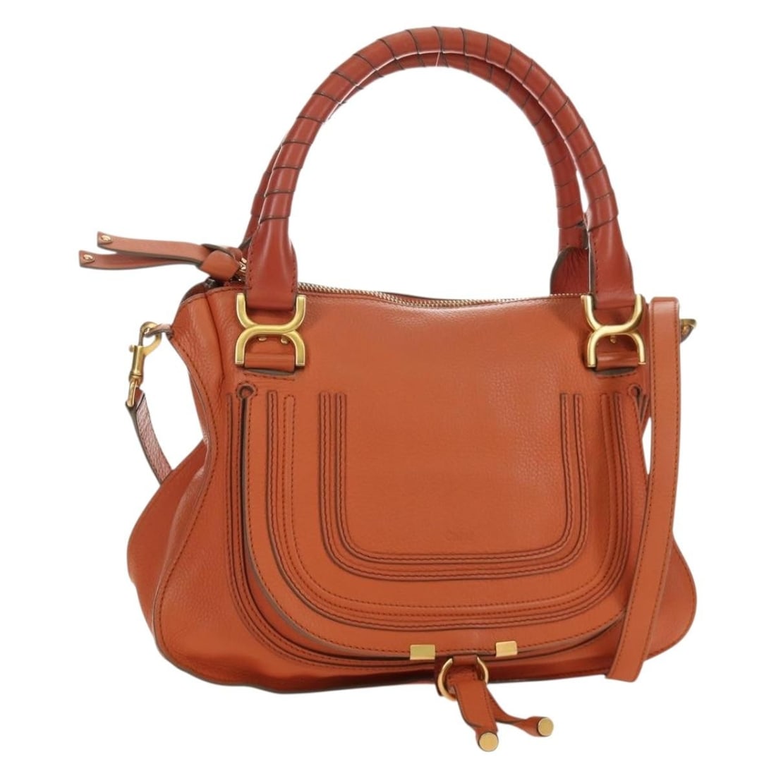 Chloe Marcie Leather 2way Handbag Orange with Shoulder Strap: Chloe Marcie Leather 2way Handbag Orange with Shoulder Strap Chloe Marcie 2-way handbag in orange leather with gold-tone accents. Made in Italy, this women's handbag includes a shoulder strap for hand