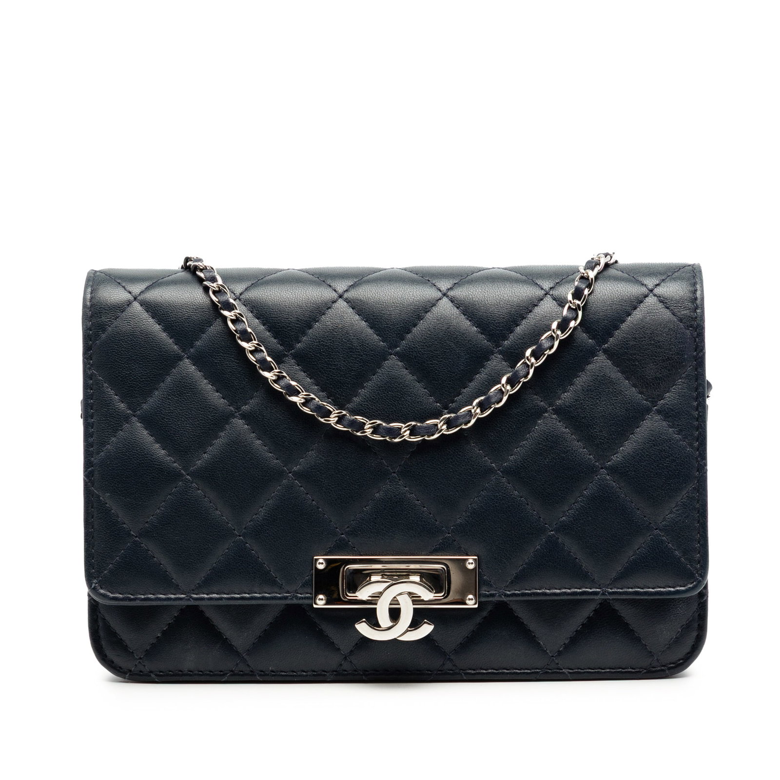 Chanel Golden Class Wallet On Chain quilted black lambskin: Chanel Golden Class Wallet On Chain quilted black lambskin Quilted lambskin Wallet On Chain with a flap and magnetic snap closure, leather-woven chain link shoulder strap, and interior slip and zip po