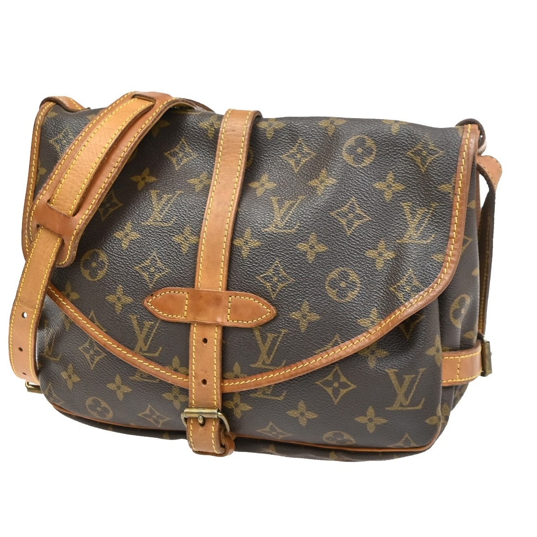 Louis Vuitton Saumur brown canvas shoulder bag: Louis Vuitton Saumur brown canvas shoulder bag Louis Vuitton Saumur Monogram shoulder bag in brown canvas with a unisex design. This pre-owned piece shows overall fair condition, with visible wear not