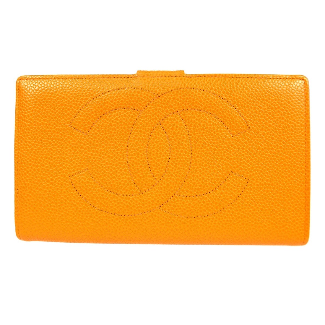 Chanel CC Orange Caviar Skin Leather Bifold Wallet: Chanel CC Orange Caviar Skin Leather Bifold Wallet Chanel long bifold wallet in orange caviar skin leather with an embossed CC pattern. This women's wallet is made in France and includes a serial stic