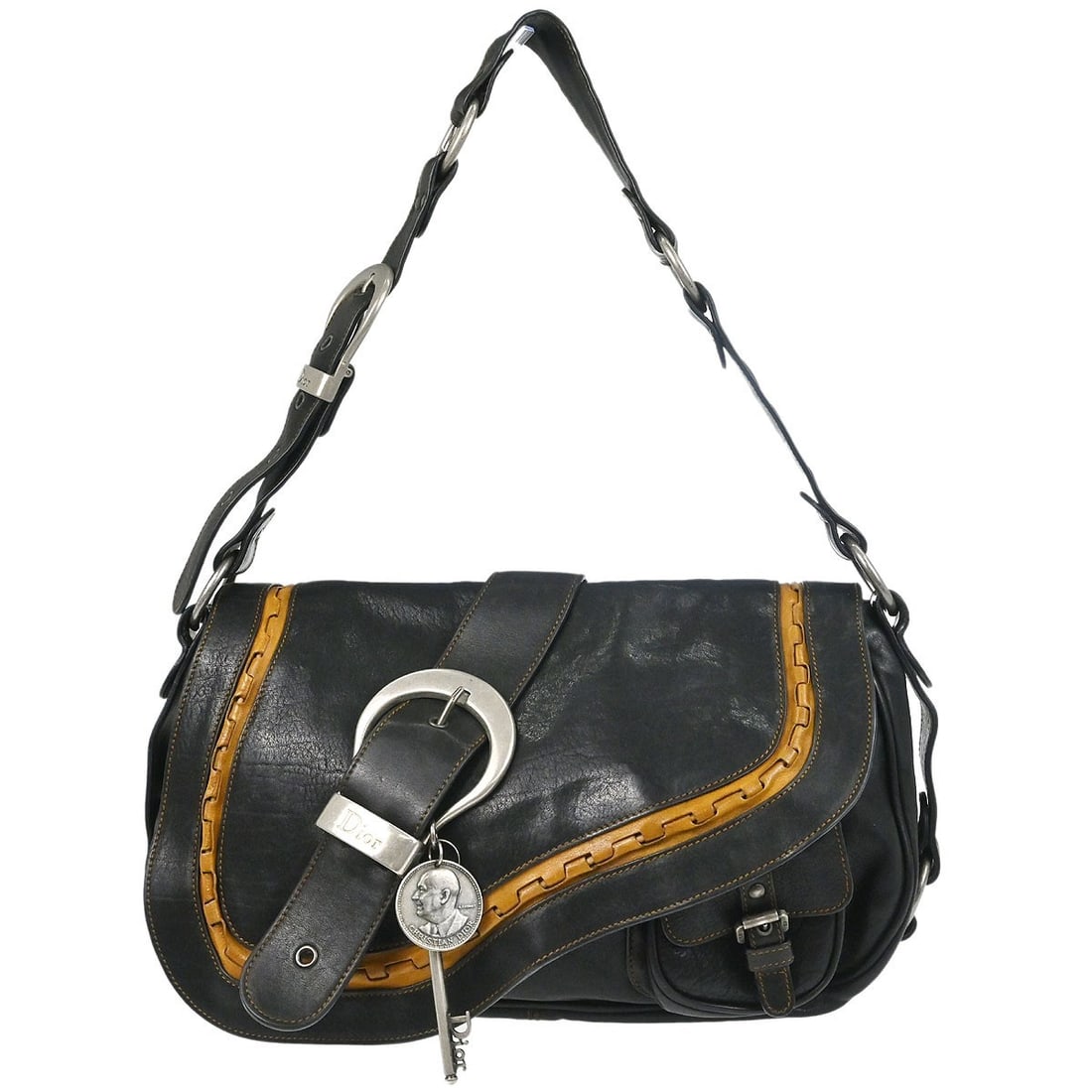 Dior Gaucho Large Black Leather Shoulder Bag Italy 05-MA-0056: Dior Gaucho Large Black Leather Shoulder Bag Italy 05-MA-0056 Christian Dior Gaucho shoulder bag in black leather with a saddle bag silhouette. This women's large bag features two exterior pockets and