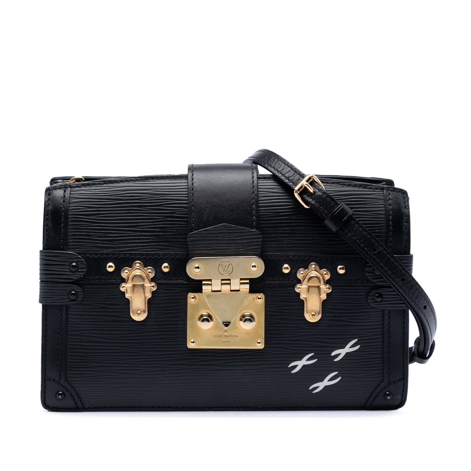 Louis Vuitton Epi Leather Trunk Clutch Bag Black: Louis Vuitton Epi Leather Trunk Clutch Bag Black Louis Vuitton Epi Trunk Clutch in black leather with a structured trunk-inspired silhouette. It features a detachable chain link strap, an adjustable l