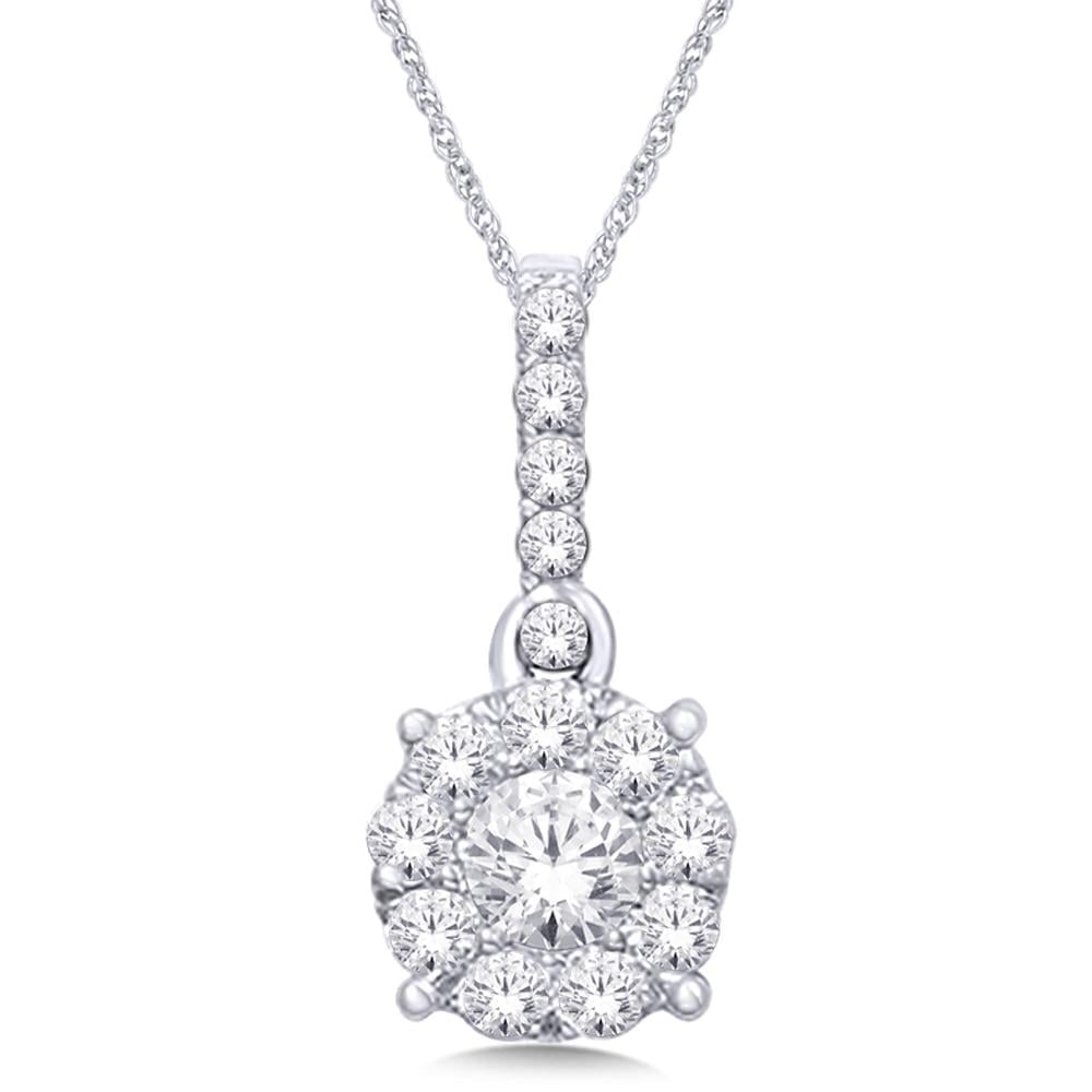 14K White Gold 1/2 Ct.Tw. Diamond Fashion Pendant: 14K White Gold 1/2 Ct.Tw. Diamond Fashion Pendant This eye-catching pendant is available in 14K White Gold. There are 15 round diamonds with a total carat weight of 1/2 Ct.Tw. set in a invisible setti