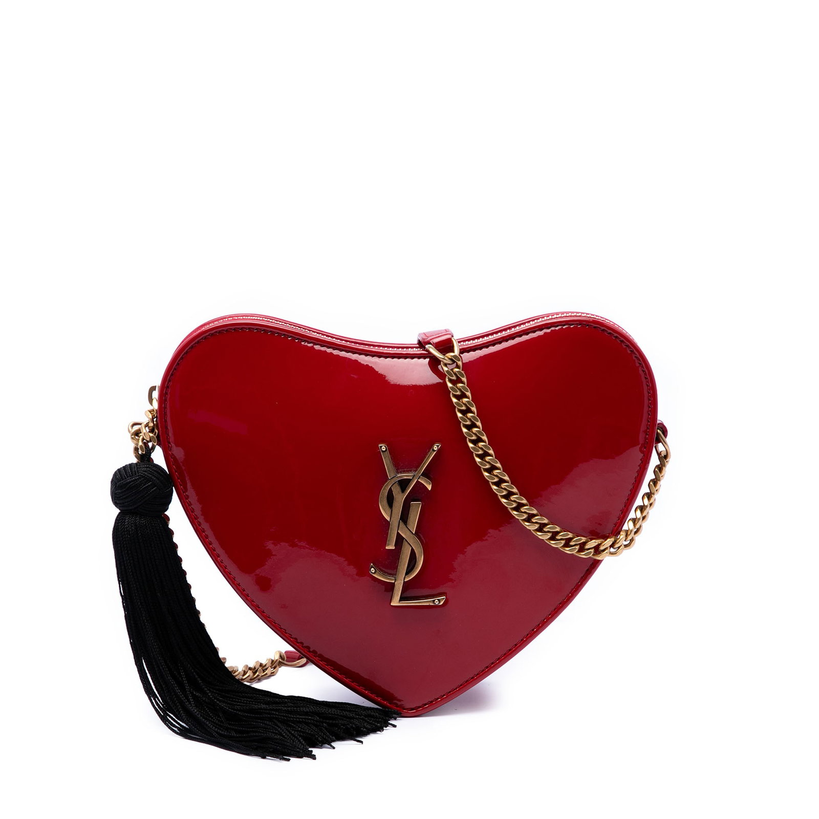Saint Laurent Sac Coeur Small Red Patent Leather Heart Bag: Saint Laurent Sac Coeur Small Red Patent Leather Heart Bag Saint Laurent Sac Coeur small heart crossbody bag in red patent leather. This Italian-made bag features a gold-tone curb chain, an adjustable