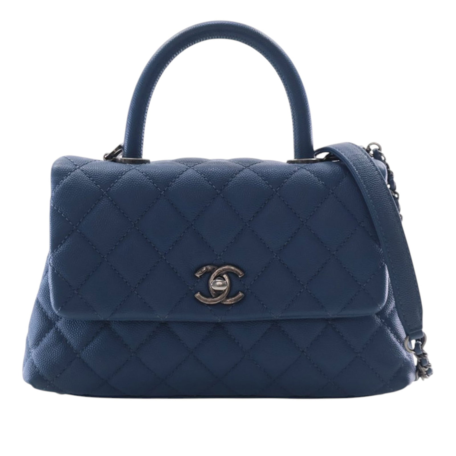 Blue Chanel Coco Top Handle Satchel Quilted Caviar Leather: Blue Chanel Coco Top Handle Satchel Quilted Caviar Leather This Chanel Mini Quilted Caviar Coco Top Handle Bag is crafted from blue caviar leather with a quilted finish. It features a rolled top handl