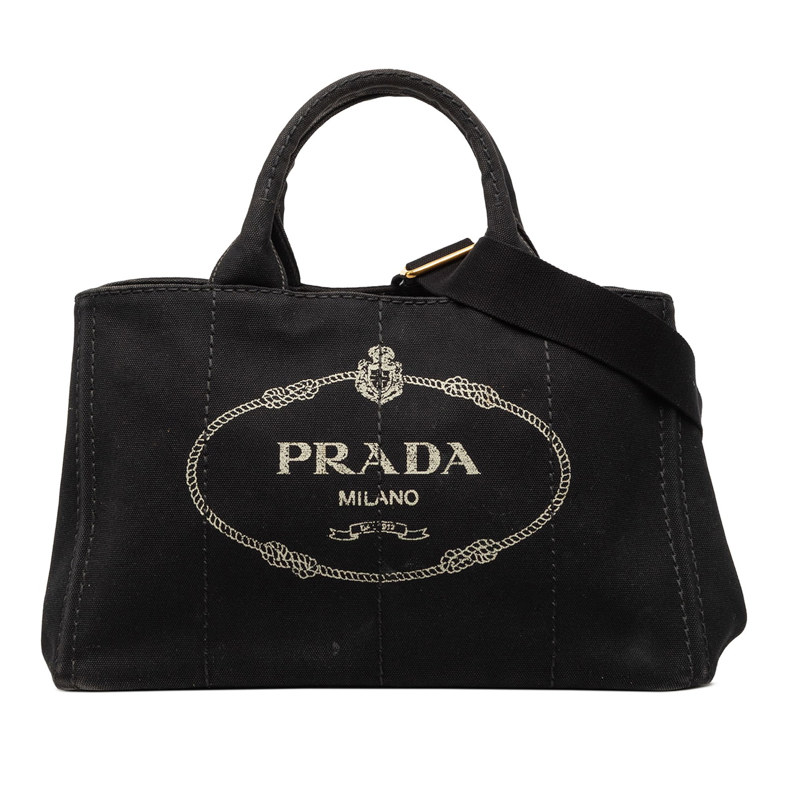 Prada Canapa Logo Tote Black Canvas Satchel Bag: Prada Canapa Logo Tote Black Canvas Satchel Bag Prada Canvas Canapa Logo Tote satchel in black fabric with rolled handles, a detachable and adjustable flat strap, an open top, and interior zip and sli