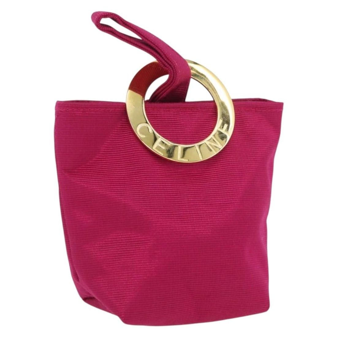 Celine Pink and Gold Nylon Women's Circle Pouch: Celine Pink and Gold Nylon Women's Circle Pouch This CELINE circle pouch is crafted from durable nylon in a stylish pink and gold color scheme. Designed for women, it features a compact circular silho