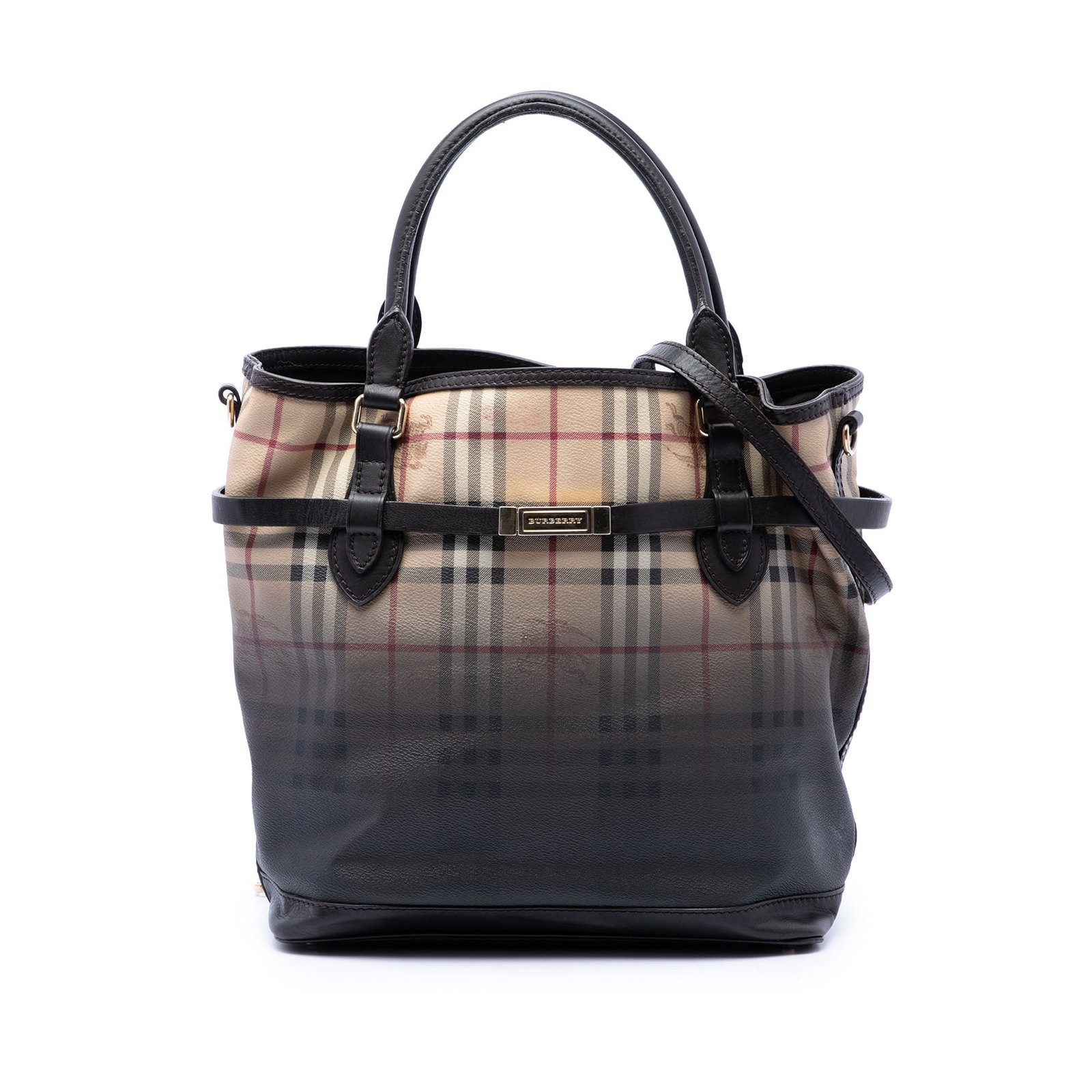 Burberry Liberton Satchel in Haymarket Check Ombre Coated Canvas: Burberry Liberton Satchel in Haymarket Check Ombre Coated Canvas Burberry Haymarket Check Ombre Coated Canvas Liberton Satchel from Italy in beige. It features an ombre coated canvas body with leather