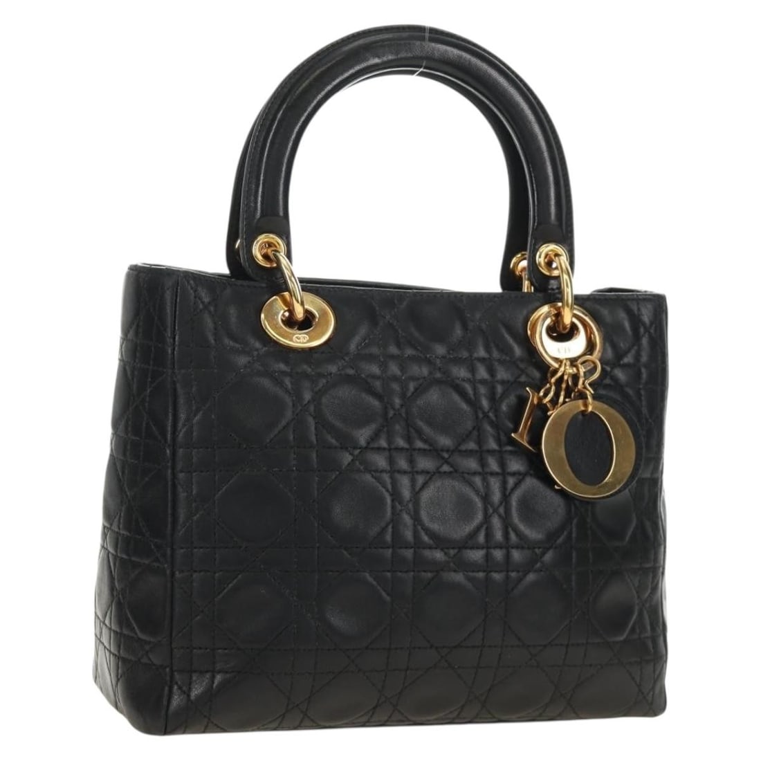Christian Dior Lady Dior Cannage Lambskin Handbag Black Gold Charm: Christian Dior Lady Dior Cannage Lambskin Handbag Black Gold Charm Christian Dior Lady Dior handbag in black lamb skin with gold-tone accents and a charm. Made in Italy, this women's handbag shows rea