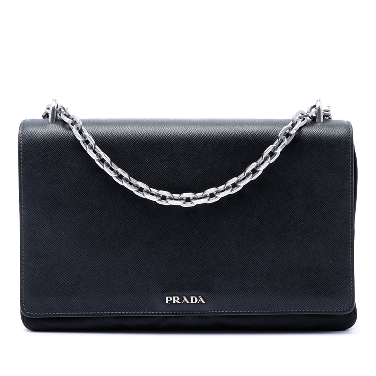 Prada black saffiano leather nylon chain crossbody bag: Prada black saffiano leather nylon chain crossbody bag This Prada Saffiano Lux and Tessuto Chain Crossbody bag combines saffiano leather and nylon for a refined, versatile design. It features a silver