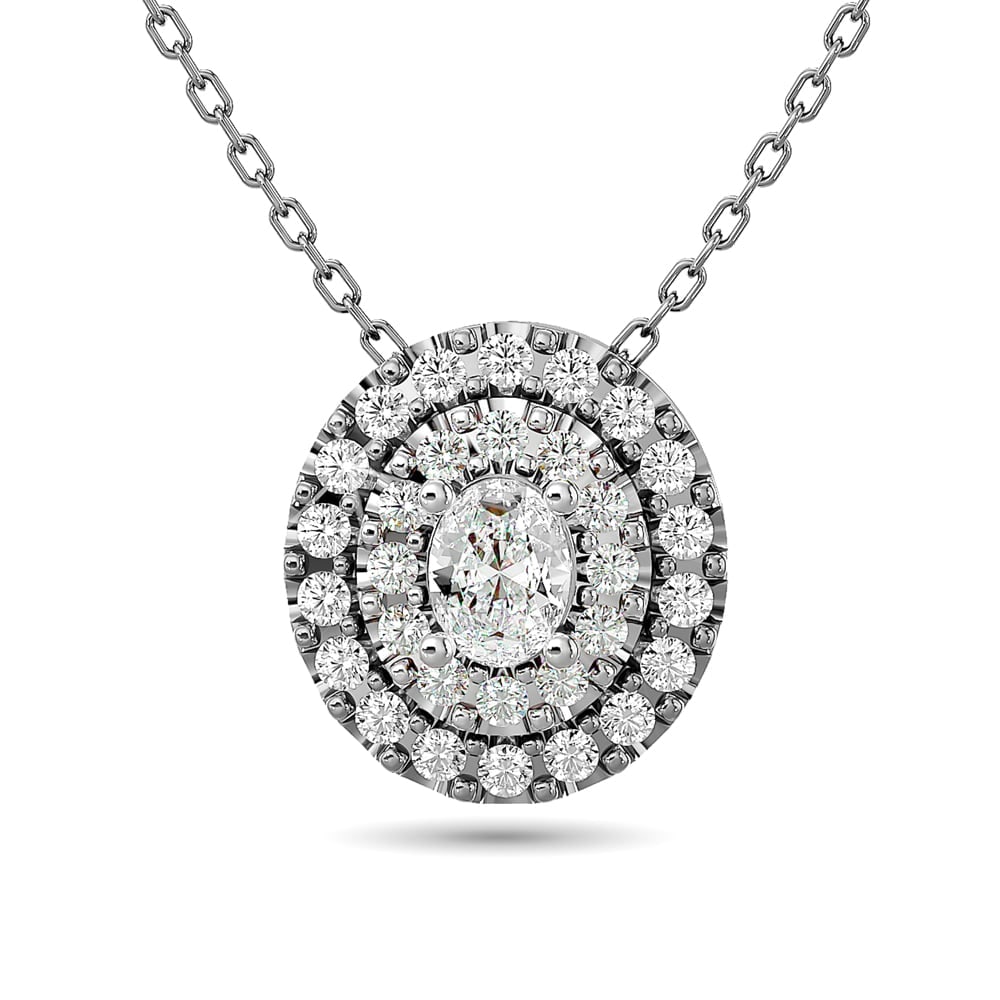 Diamond Oval Cut Double Halo Pendant 3/8 Ct.tw in 14K White Gold: Diamond Oval Cut Double Halo Pendant 3/8 Ct.tw in 14K White Gold Diamond Oval Cut Double Halo Pendant 3/8 Ct.Tw. in 14K White Gold (1/6Ct.Tw. Centre) 14k White Gold Stone Color: Gh Stone Clarity: Si2 