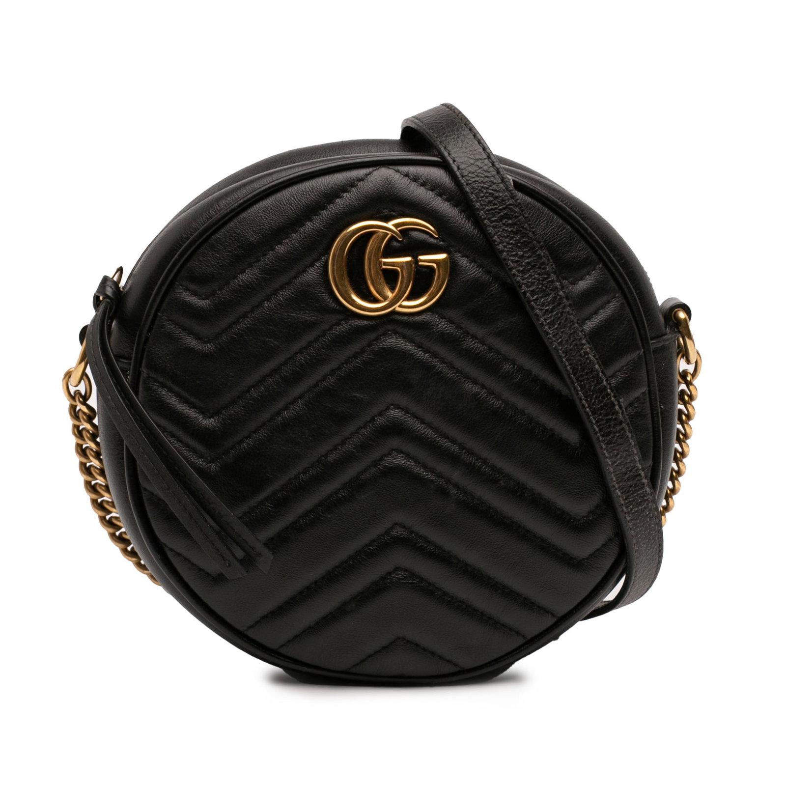 Gucci GG Marmont Mini Round Leather Crossbody Bag: Gucci GG Marmont Mini Round Leather Crossbody Bag Gucci Mini GG Marmont Matelasse Leather Round Crossbody in black quilted leather. This round crossbody design features a chain link strap with a leath