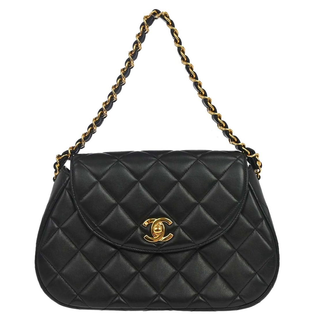 CHANEL Matelasse Small Top Handle Bag Black Lambskin Turnlock: CHANEL Matelasse Small Top Handle Bag Black Lambskin Turnlock Chanel black lambskin top handle handbag with a turnlock closure and matelasse quilted design. This small handbag features a leather linin