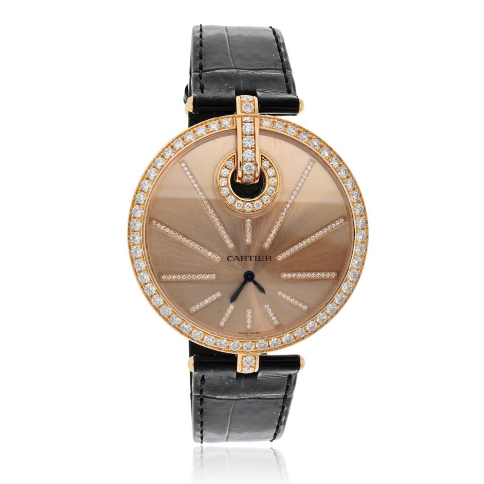 Cartier Captive 18K Rose Gold Diamond Bezel 55mm Watch: Cartier Captive 18K Rose Gold Diamond Bezel 55mm Watch This Cartier Captive watch is a stunning embodiment of refined luxury and timeless elegance. Crafted from 18K rose gold, it features a generously