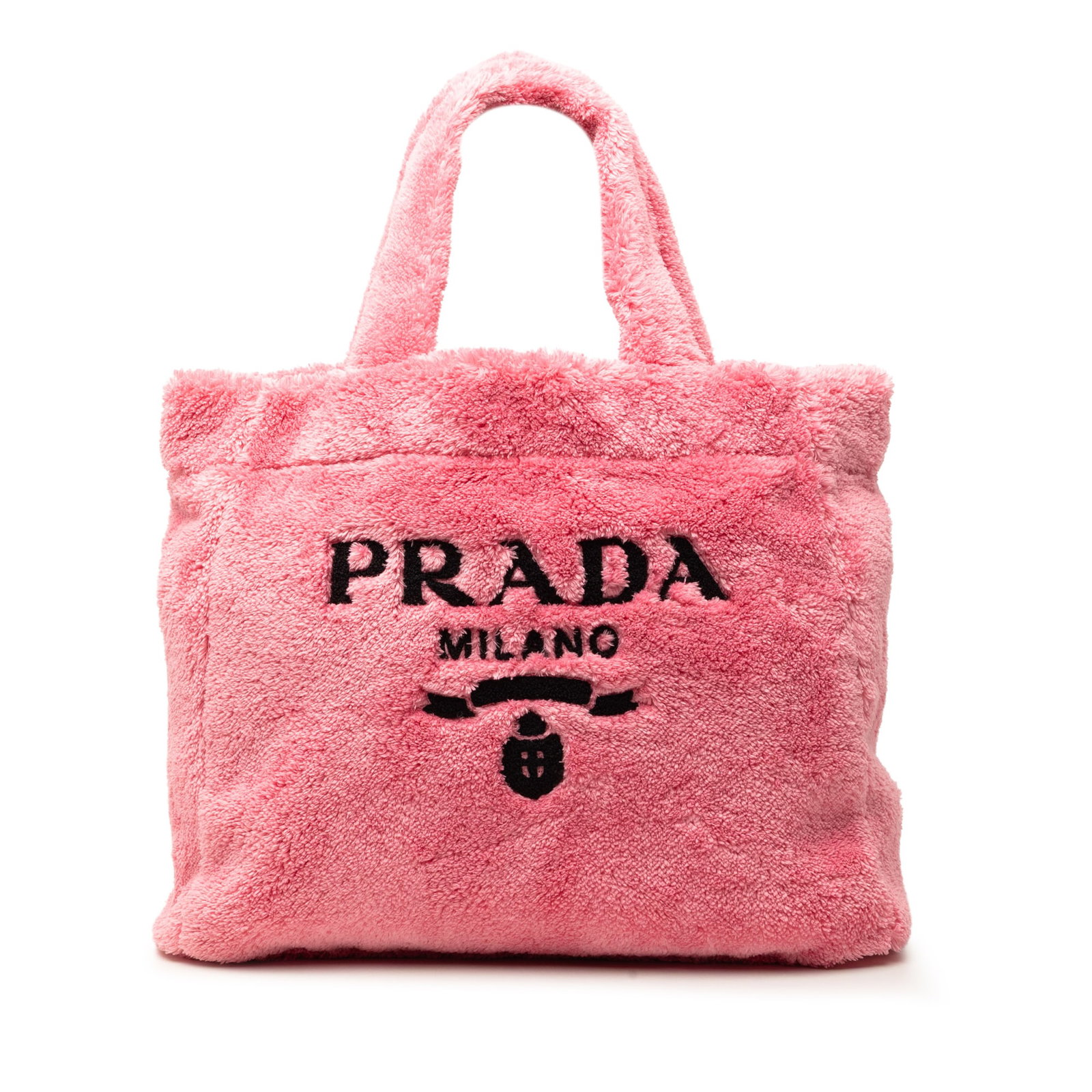 Prada Spugna Logo Tote Bag in Pink Terry Cloth: Prada Spugna Logo Tote Bag in Pink Terry Cloth Prada Spugna terry cloth logo tote in pink with flat top handles, an open top, and an interior zip pocket. The bag shows noted wear including scratched e