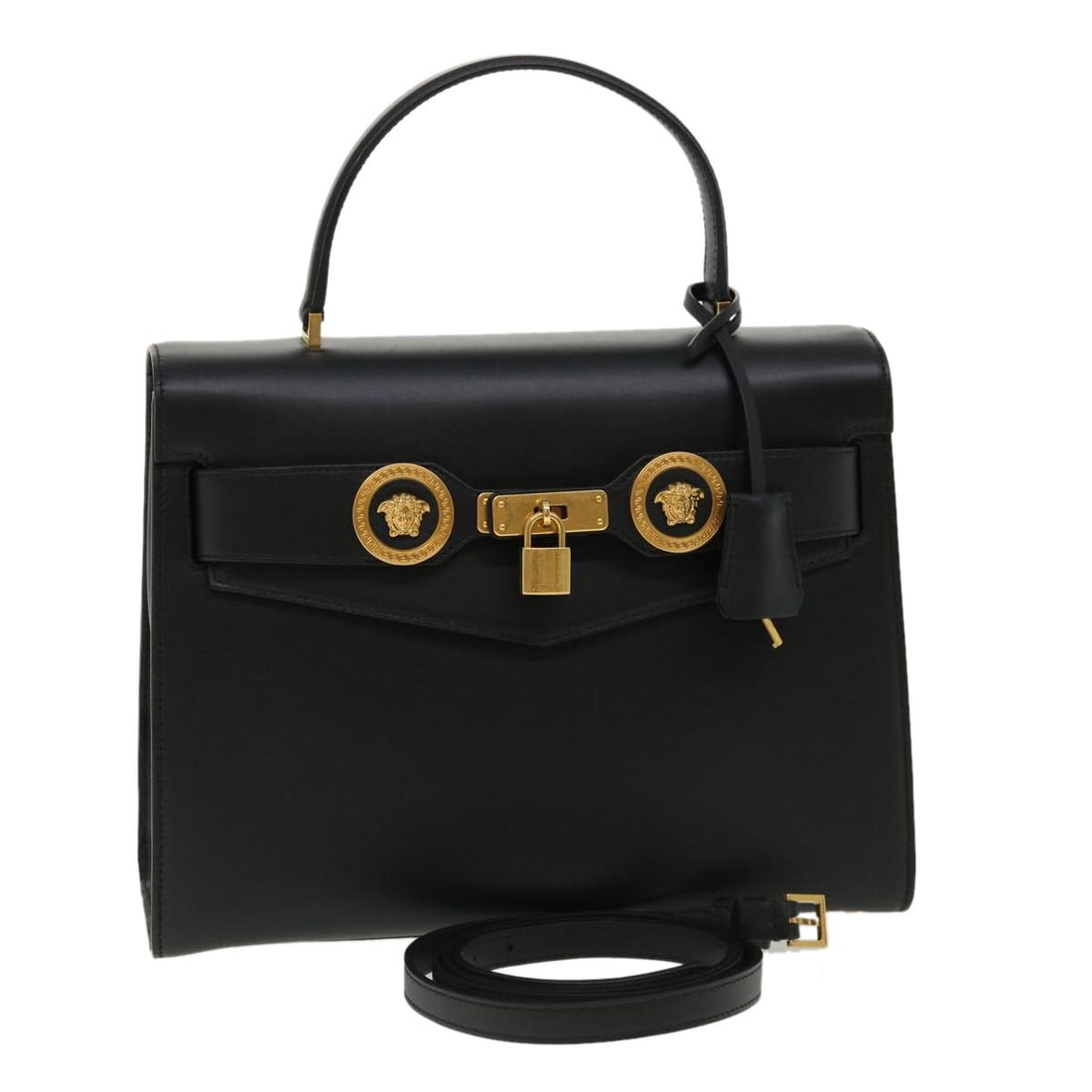 Versace DBFG311 Black Leather 2way Handbag with Shoulder Strap: Versace DBFG311 Black Leather 2way Handbag with Shoulder Strap Versace DBFG311 2-way handbag in black leather with a structured design and versatile carry options. Made in Italy, this women's handbag 
