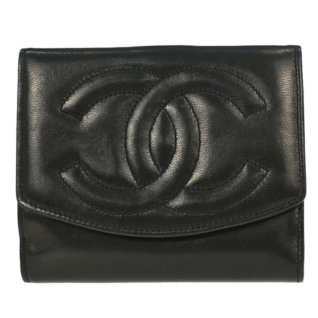 CHANEL CC Bifold Wallet Black Lambskin Leather Women: CHANEL CC Bifold Wallet Black Lambskin Leather Women Vintage Chanel bifold wallet in black lambskin leather with the CC pattern and a folding design. The wallet includes one exterior coin pocket, six 
