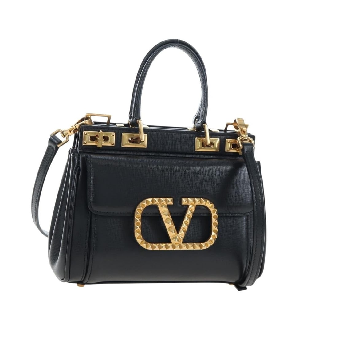 VALENTINO Rockstud Leather 2way Handbag Black Gold with Shoulder Strap: VALENTINO Rockstud Leather 2way Handbag Black Gold with Shoulder Strap Valentino Rockstud 2-way handbag in black leather with gold-tone detailing. This women's handbag includes a top handle and a deta