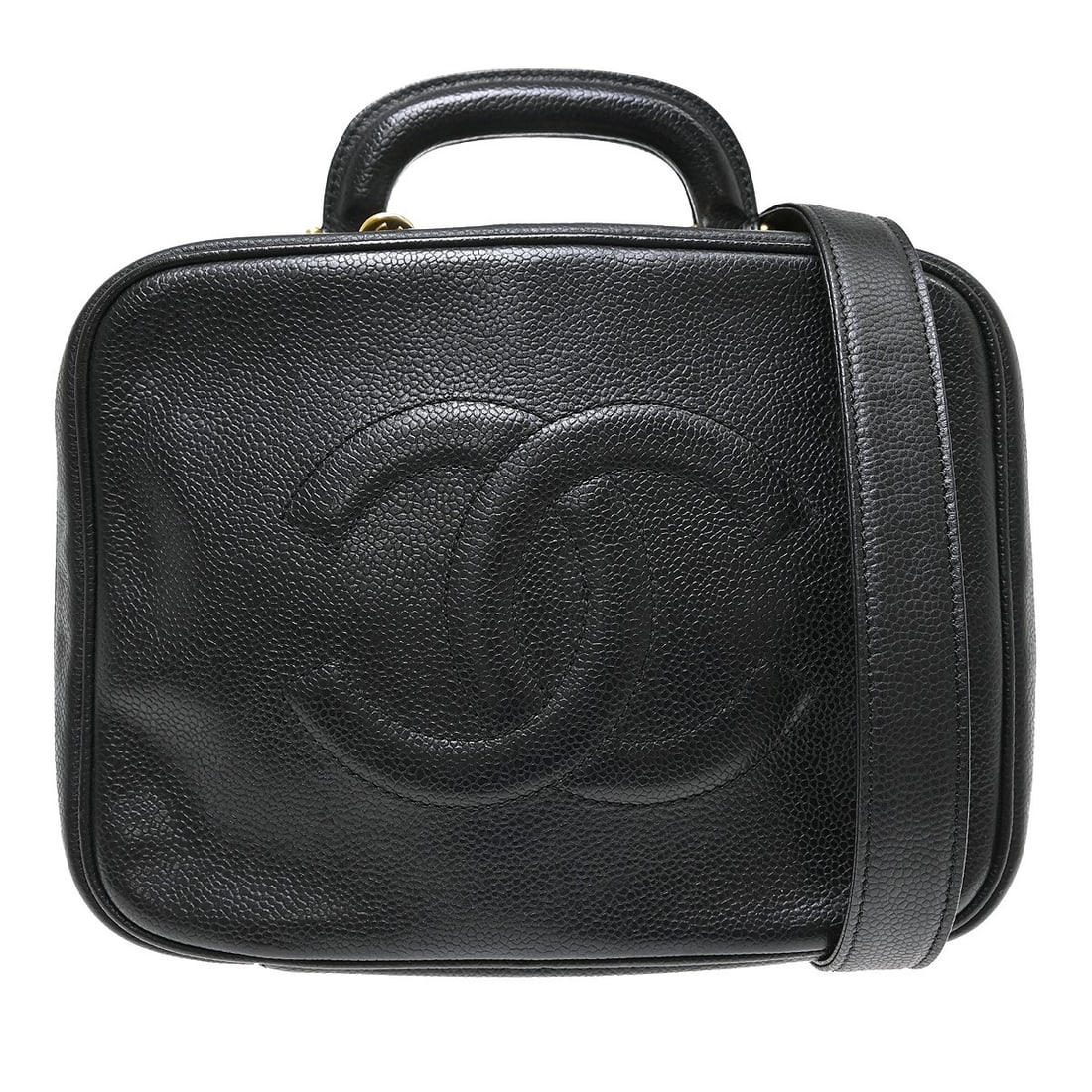 CHANEL Vanity Bag Black Caviar Leather 2Way Handbag: CHANEL Vanity Bag Black Caviar Leather 2Way Handbag Vintage Chanel vanity handbag in black caviar skin leather with a square silhouette and zip closure. This medium 2-way bag features logo accents, a 