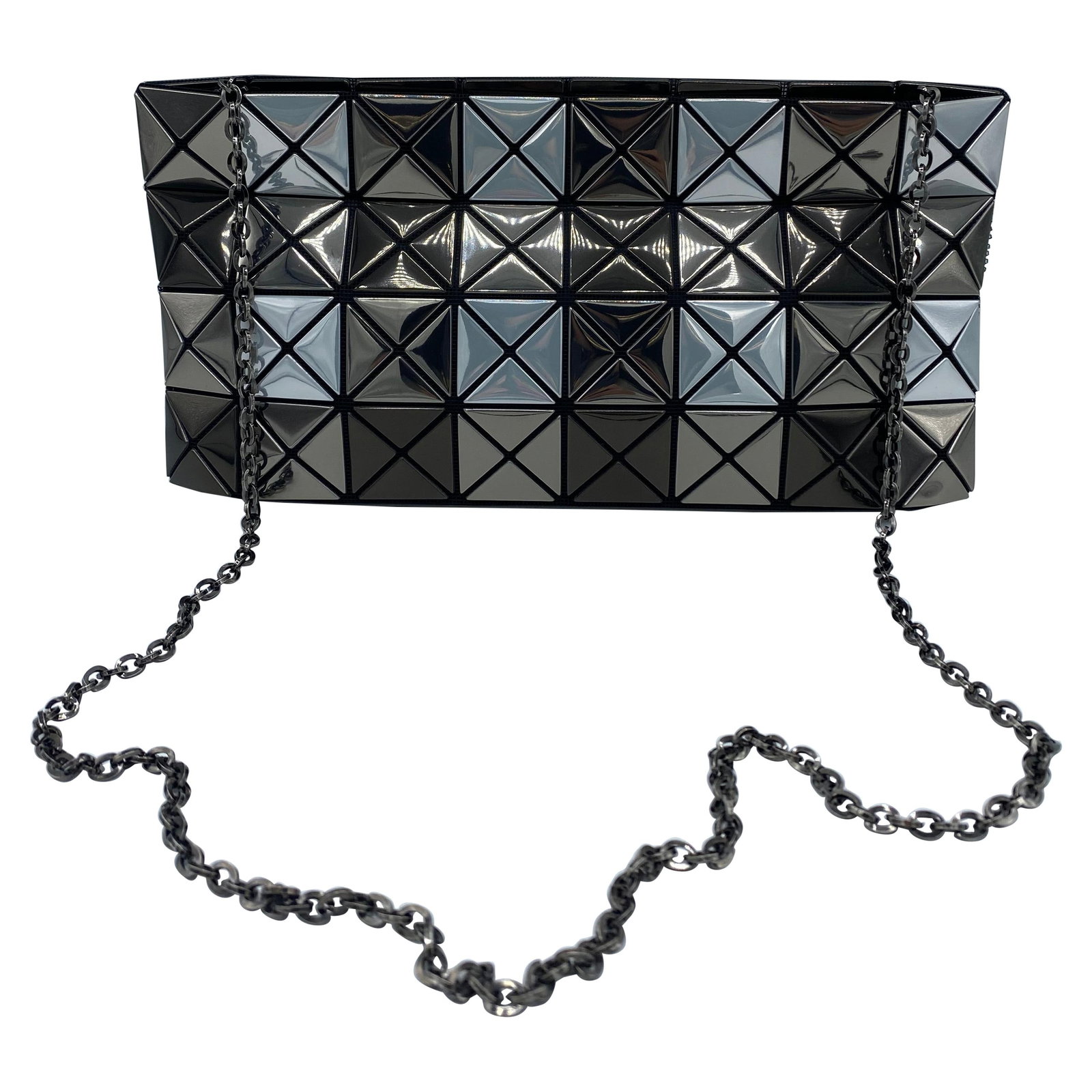Issey Miyake Bao Bao Prism Metallic Crossbody Clutch Bag: Issey Miyake Bao Bao Prism Metallic Crossbody Clutch Bag A Bao Bao Issey Miyake women's metallic prism crossbody bag featuring glossy triangular-split panels with a black mesh underlayer. It includes 