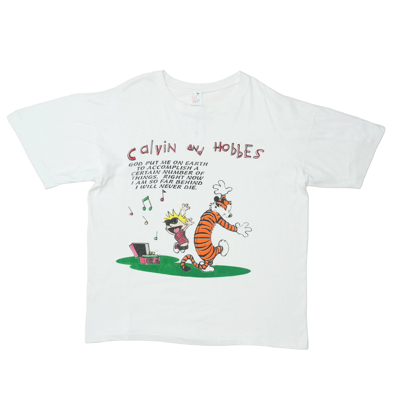 Vintage 1990s Calvin And Hobbes White Cotton T Shirt XL: Vintage 1990s Calvin And Hobbes White Cotton T Shirt XL Authentic vintage 1990s Calvin and Hobbes shirt in white. This original vintage tee is not a modern reproduction and is in good condition with n
