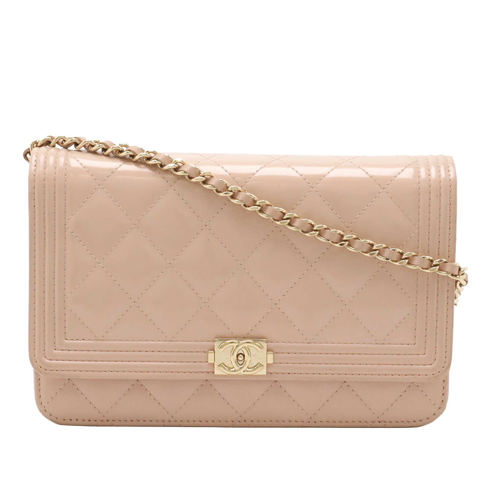 Chanel Boy Wallet on Chain in Pink Quilted Patent Leather: Chanel Boy Wallet on Chain in Pink Quilted Patent Leather Chanel Boy Wallet on Chain in pink quilted patent leather. This bag features a leather-woven chain strap, a flap with snap button closure, and