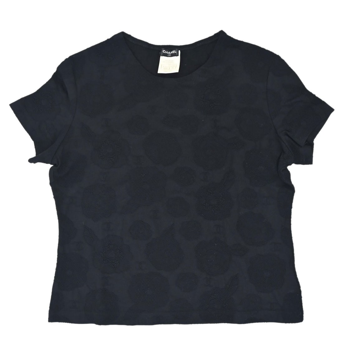 CHANEL Camellia CC Black Knit Short Sleeve Womens Top: CHANEL Camellia CC Black Knit Short Sleeve Womens Top Chanel short sleeve camellia CC top in black knit with a round neckline and regular fit. This women's top is made in France and shows very good ov