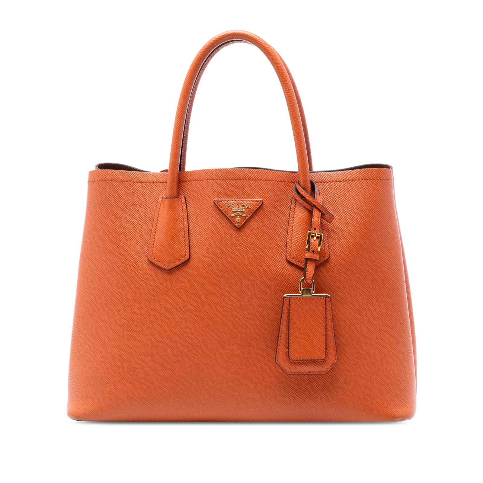 Prada saffiano leather medium satchel with double handles: Prada saffiano leather medium satchel with double handles This Prada Medium Saffiano Cuir Double Handle Satchel is crafted from saffiano leather in orange and features rolled leather handles, an open 
