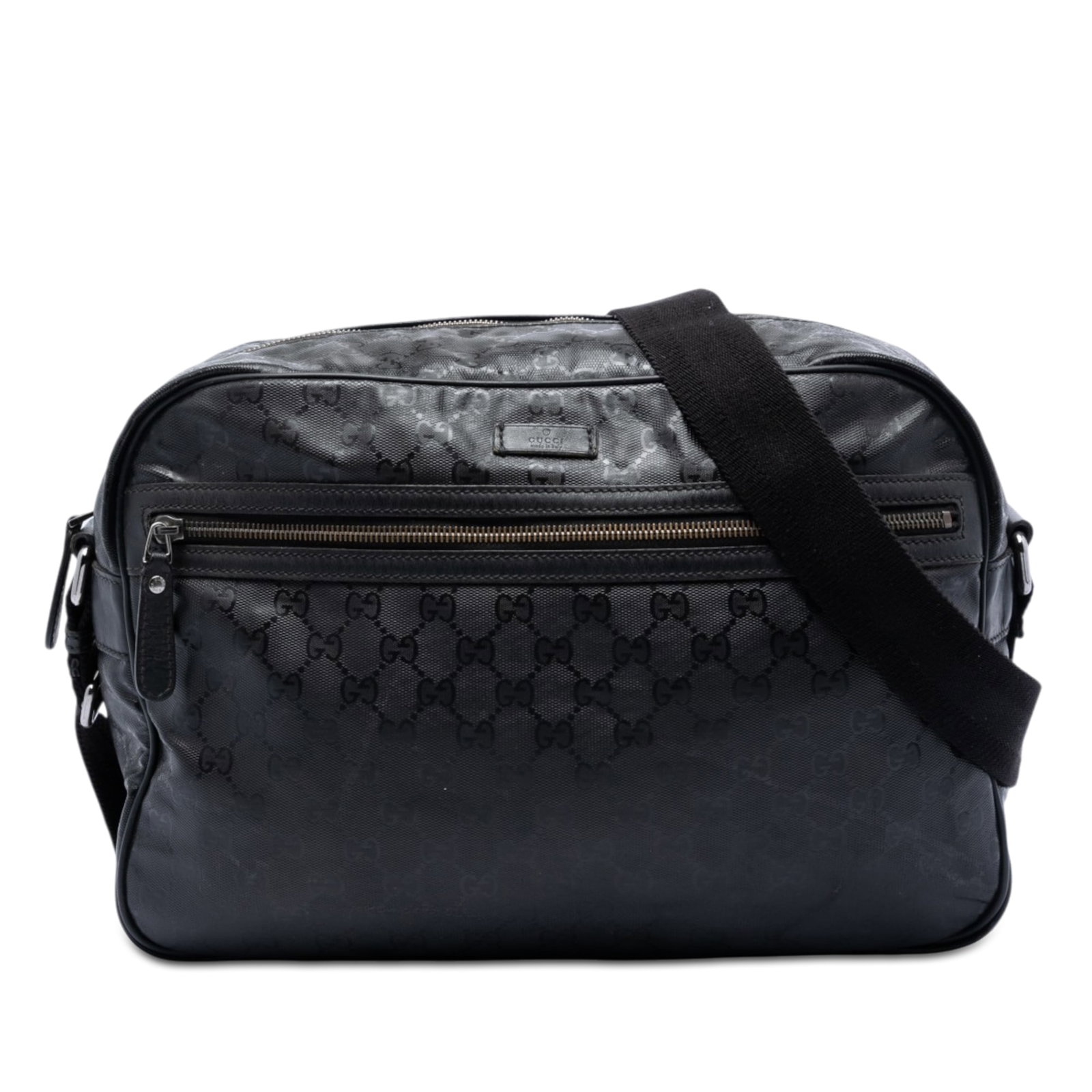 Gucci GG Imprime black crossbody bag coated canvas leather trim: Gucci GG Imprime black crossbody bag coated canvas leather trim Gucci GG Imprime crossbody bag with a coated canvas body, leather trim, and an adjustable flat strap. The design includes a top zip clos