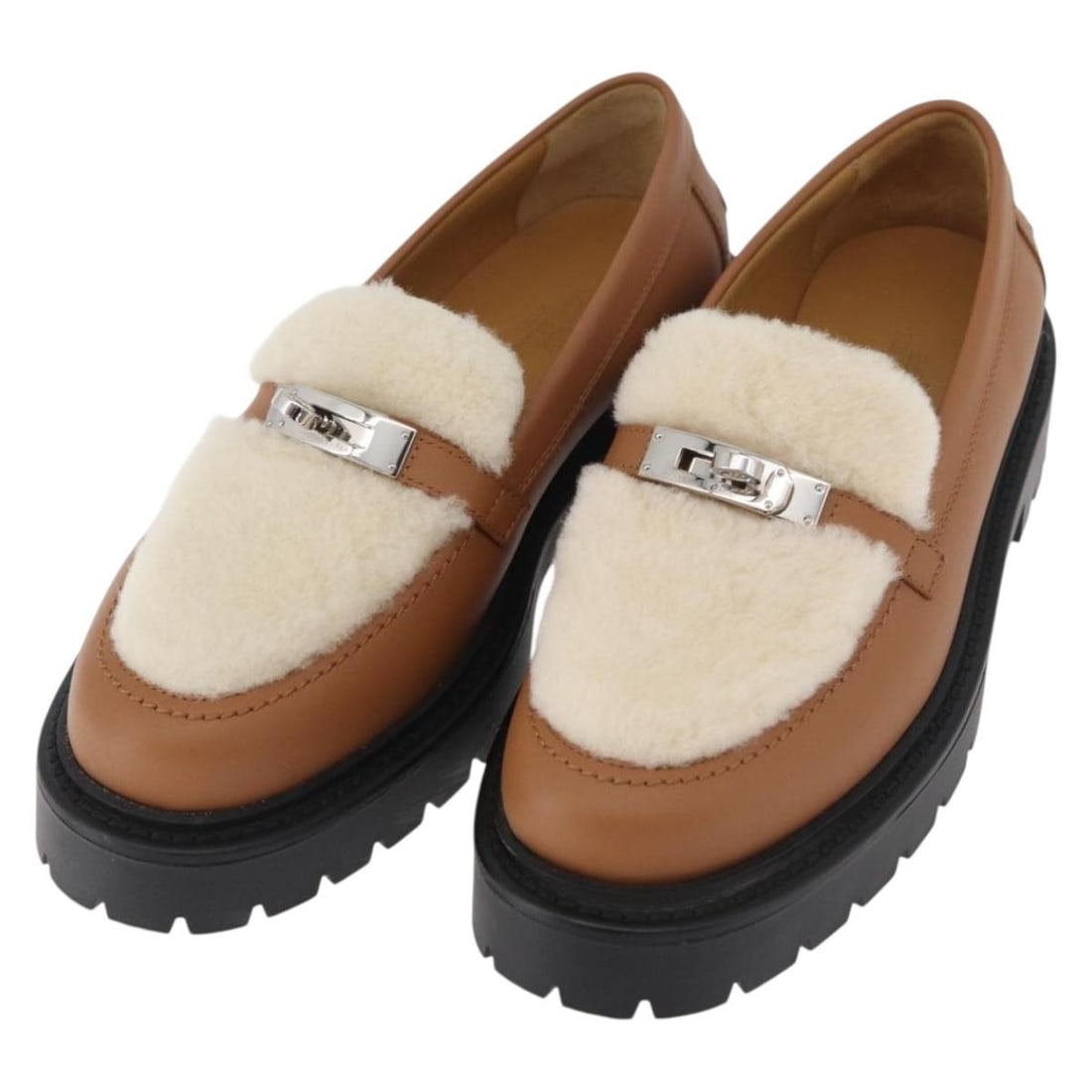 Hermes Kelly Belt Leather Loafers Brown Silver Womens Shoes (1 of 18)
