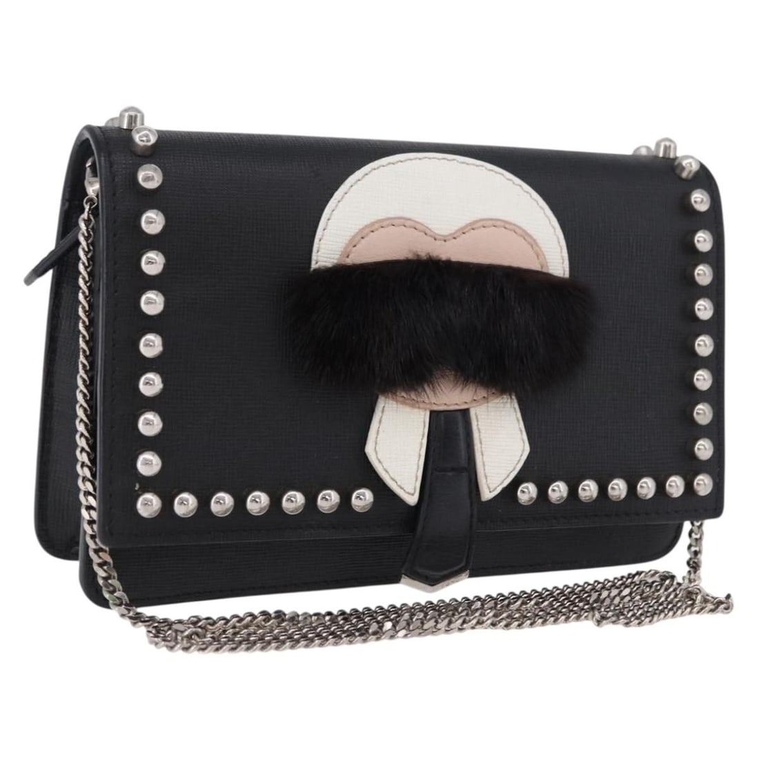 FENDI 8M0346 leather shoulder bag black silver chain strap: FENDI 8M0346 leather shoulder bag black silver chain strap Authentic Fendi Karito chain shoulder wallet in black leather with silver-tone accents. This women's shoulder bag is made in Italy and featur
