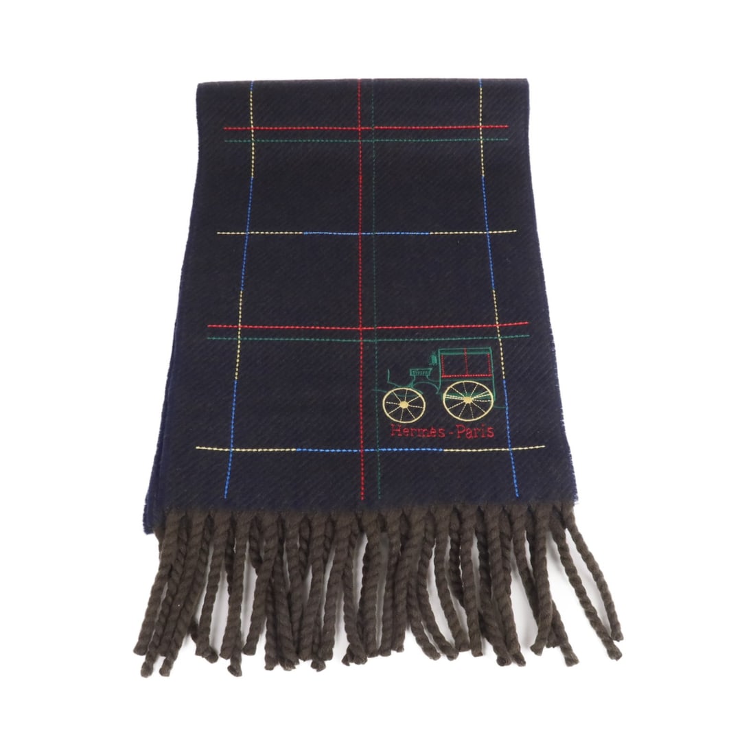 Hermes Cashmere Scarf Brown and Navy Unisex France: Hermes Cashmere Scarf Brown and Navy Unisex France Hermes muffler scarf in cashmere, presented in brown and navy with brown/blue tones. It is a unisex regular-size accessory made in France and comes w