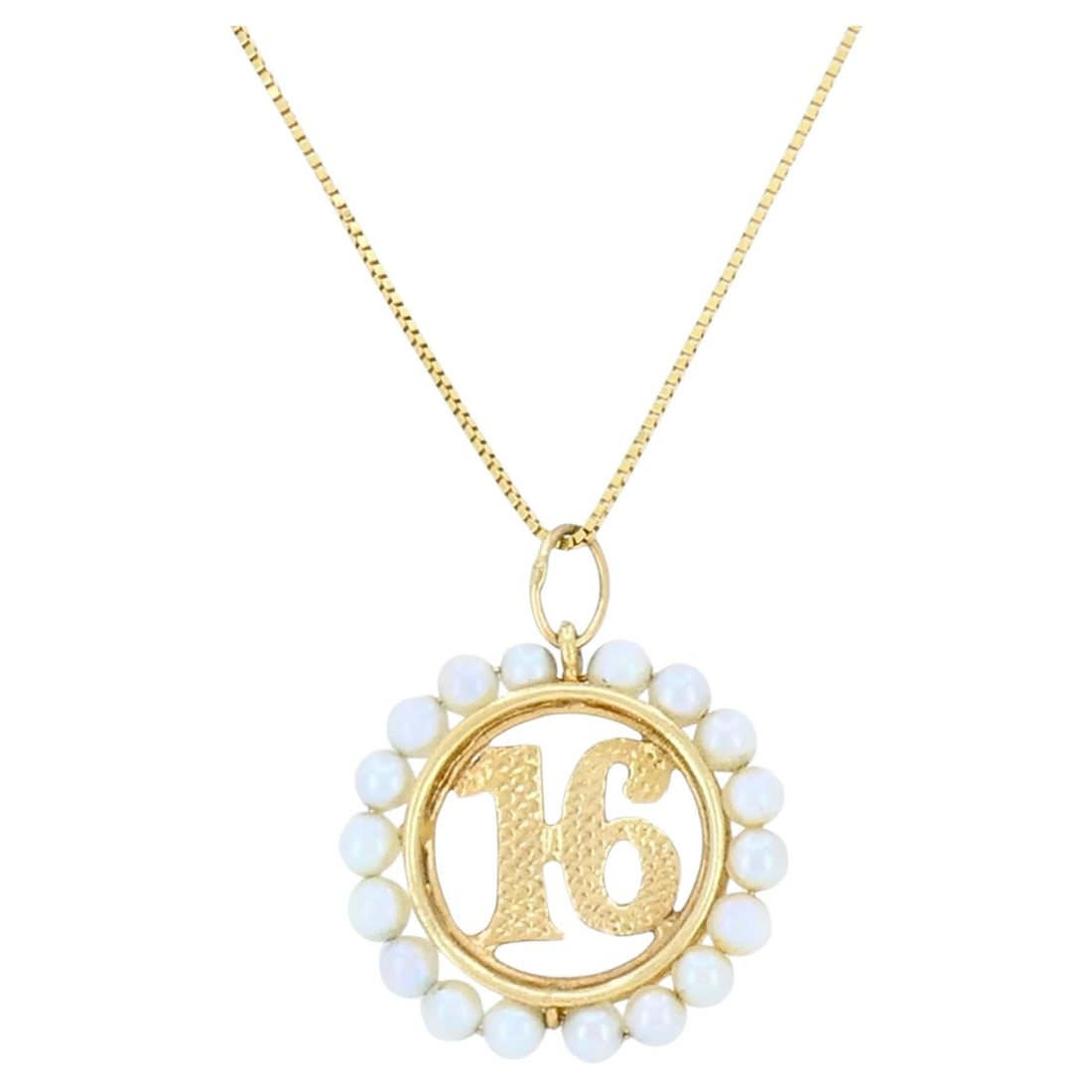 Sweet Sixteen Pearl Pendant Necklace in 14k and 18k Gold: Sweet Sixteen Pearl Pendant Necklace in 14k and 18k Gold Vintage Sweet Sixteen pendant necklace featuring a textured gold "16" motif within an open circular frame accented by small white pearl beads. 