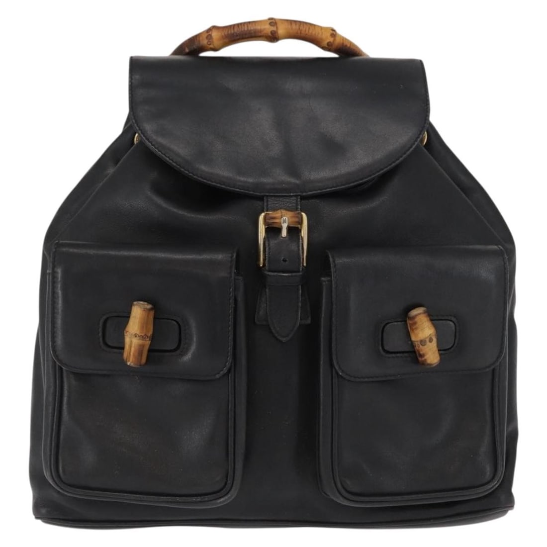 Gucci Vintage Bamboo black leather backpack: Gucci Vintage Bamboo black leather backpack This Gucci Vintage Bamboo Backpack is crafted from black leather and designed for women. The backpack features a bamboo handle and metal fittings. It shows 