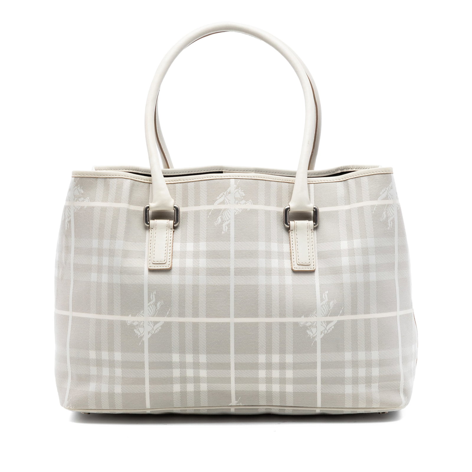 Burberry Haymarket Canvas Tote with Leather Trim: Burberry Haymarket Canvas Tote with Leather Trim This Burberry Haymarket Check Canvas Tote features a classic canvas body with leather trim, rolled leather handles, and an open top secured by a magnet